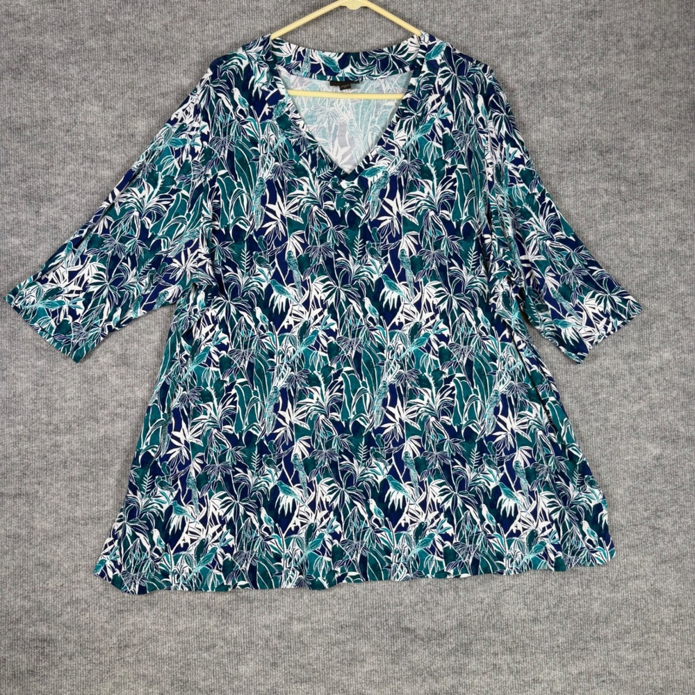 J. Jill Wearever Size-3X Tunic Top Blue Green Tropical Palm Parrot